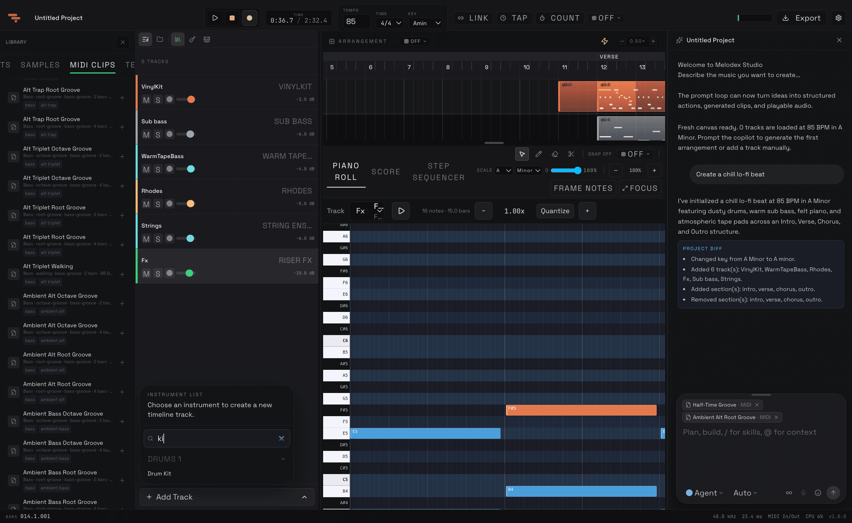 Instrument picker and piano roll