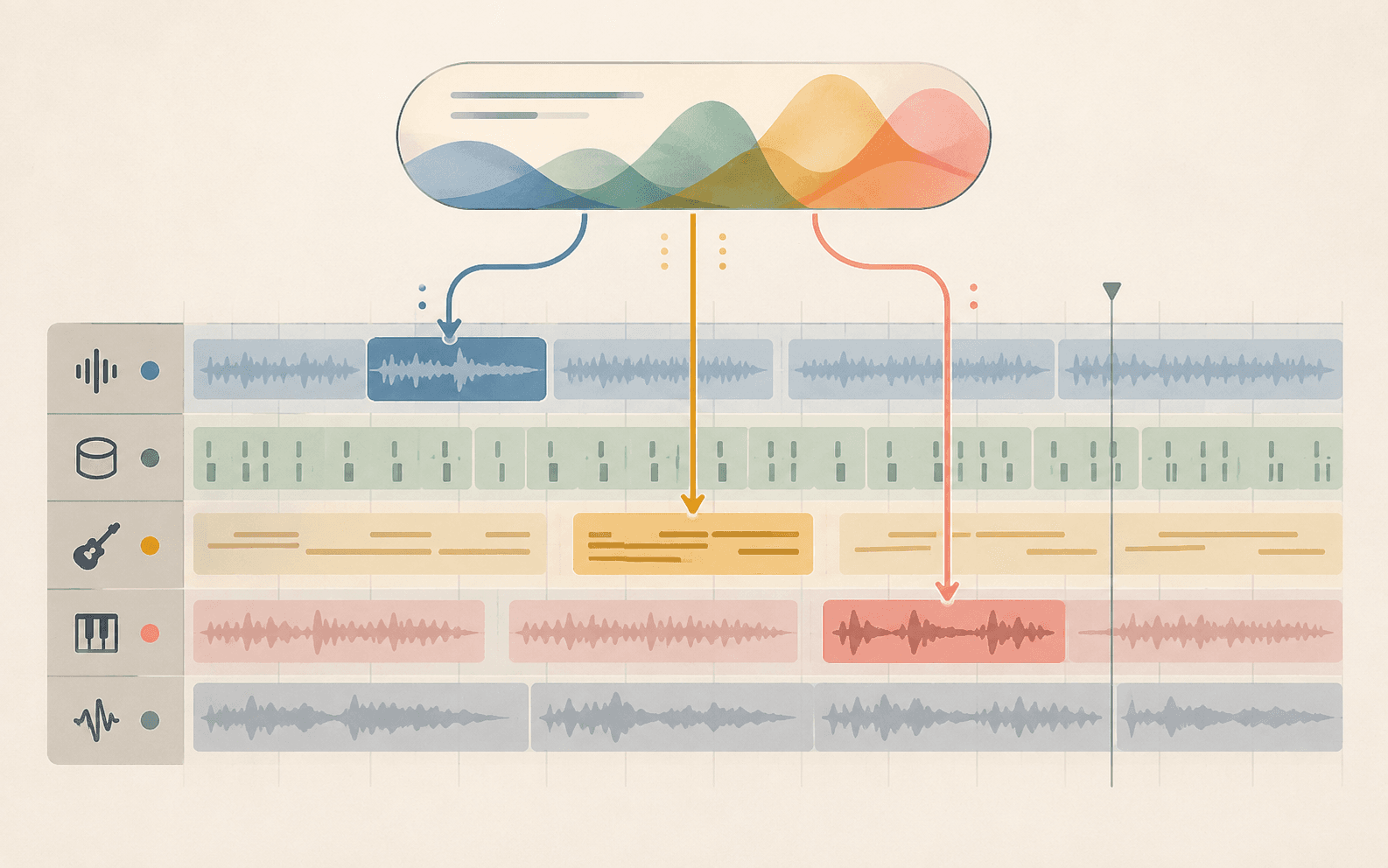 A music prompt applying targeted changes to tracks in an editable arrangement