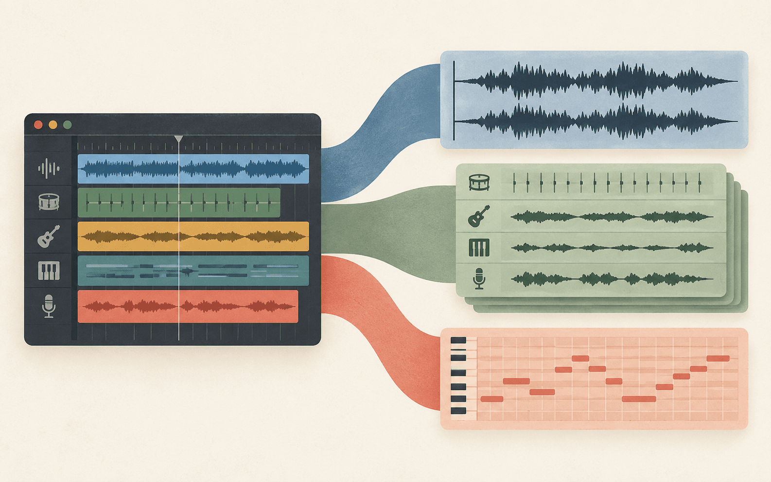 An editable session becoming a stereo mix, separated stems, and MIDI