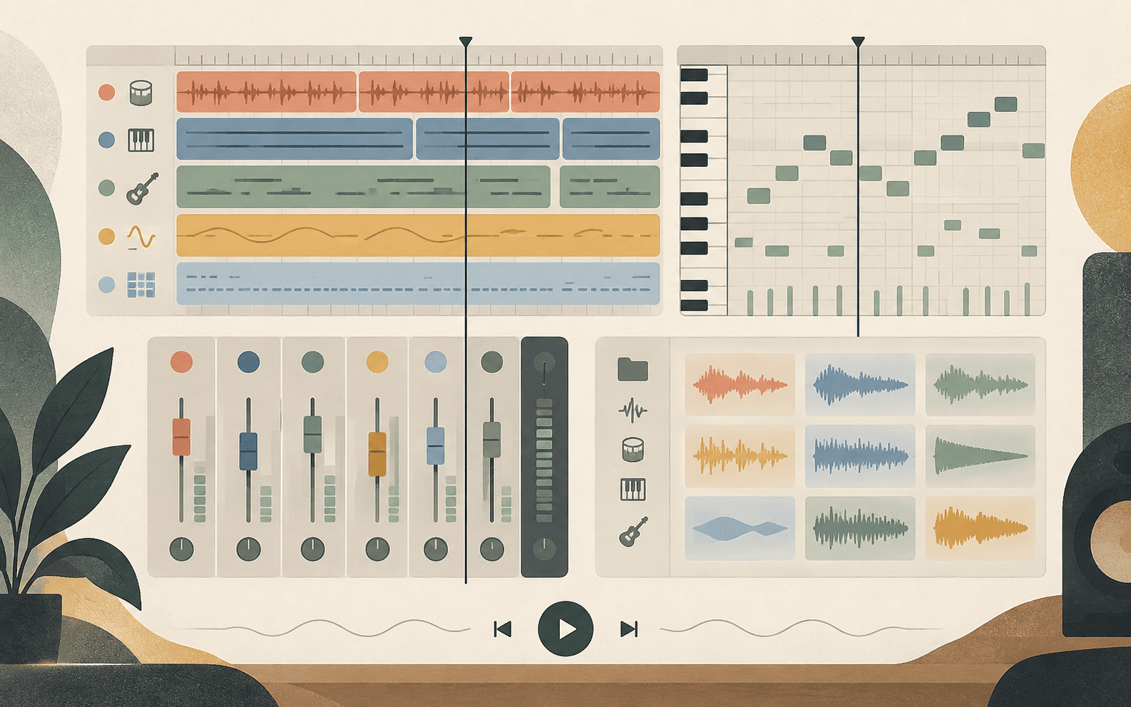 A complete arrangement with tracks, piano roll, mixer, and sound library