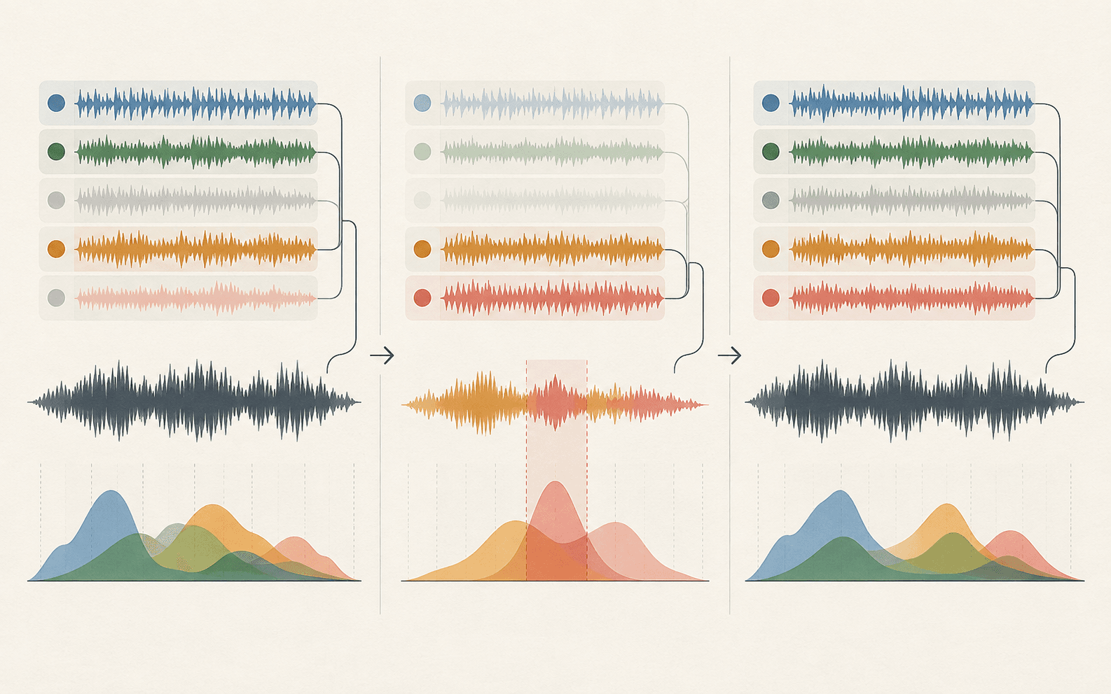 Mute and solo choices revealing and resolving a clash inside the mix