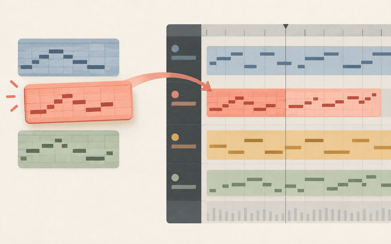 A reusable MIDI phrase moving from the library into a song arrangement