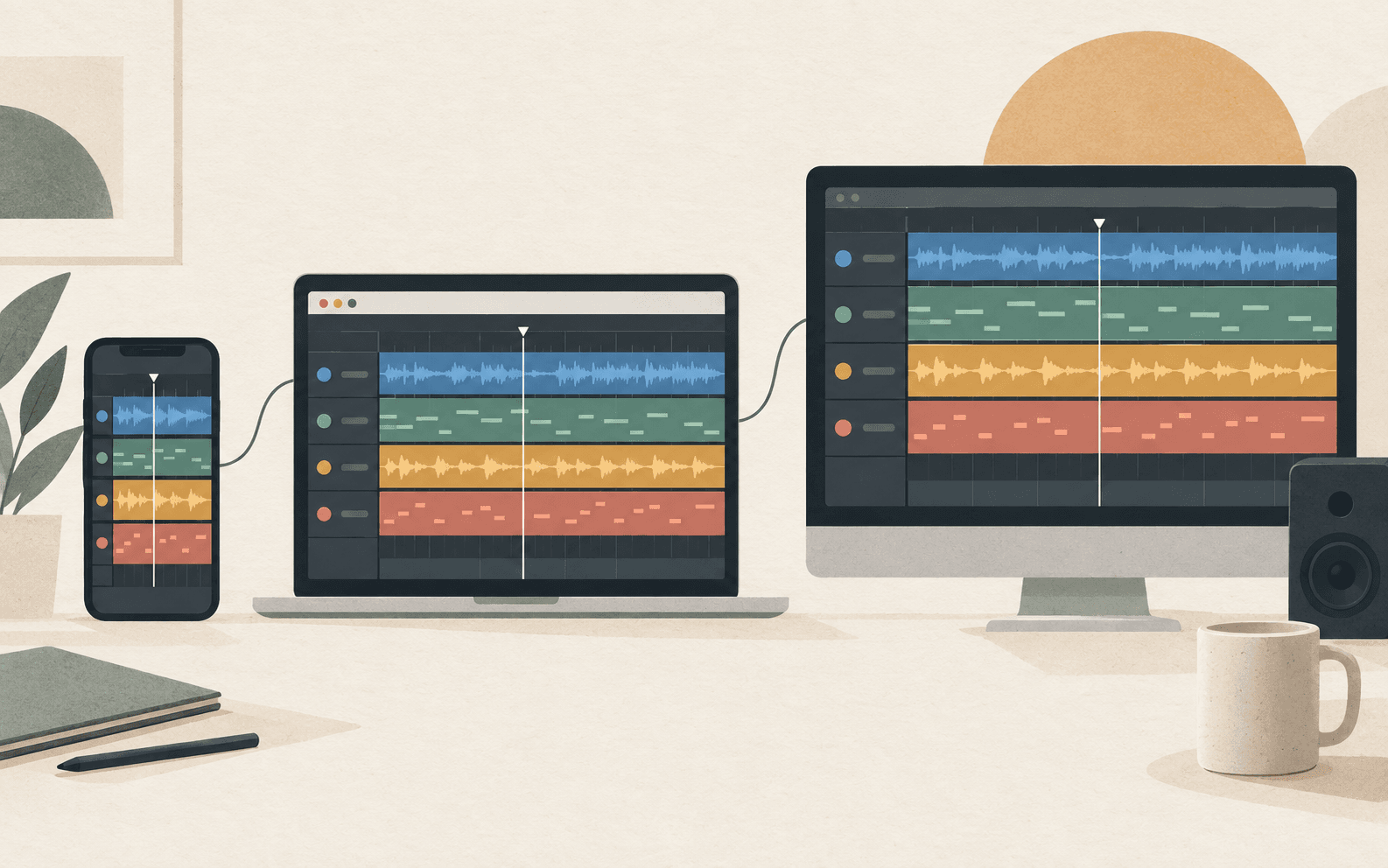 The same editable session continuing across phone, browser, and desktop