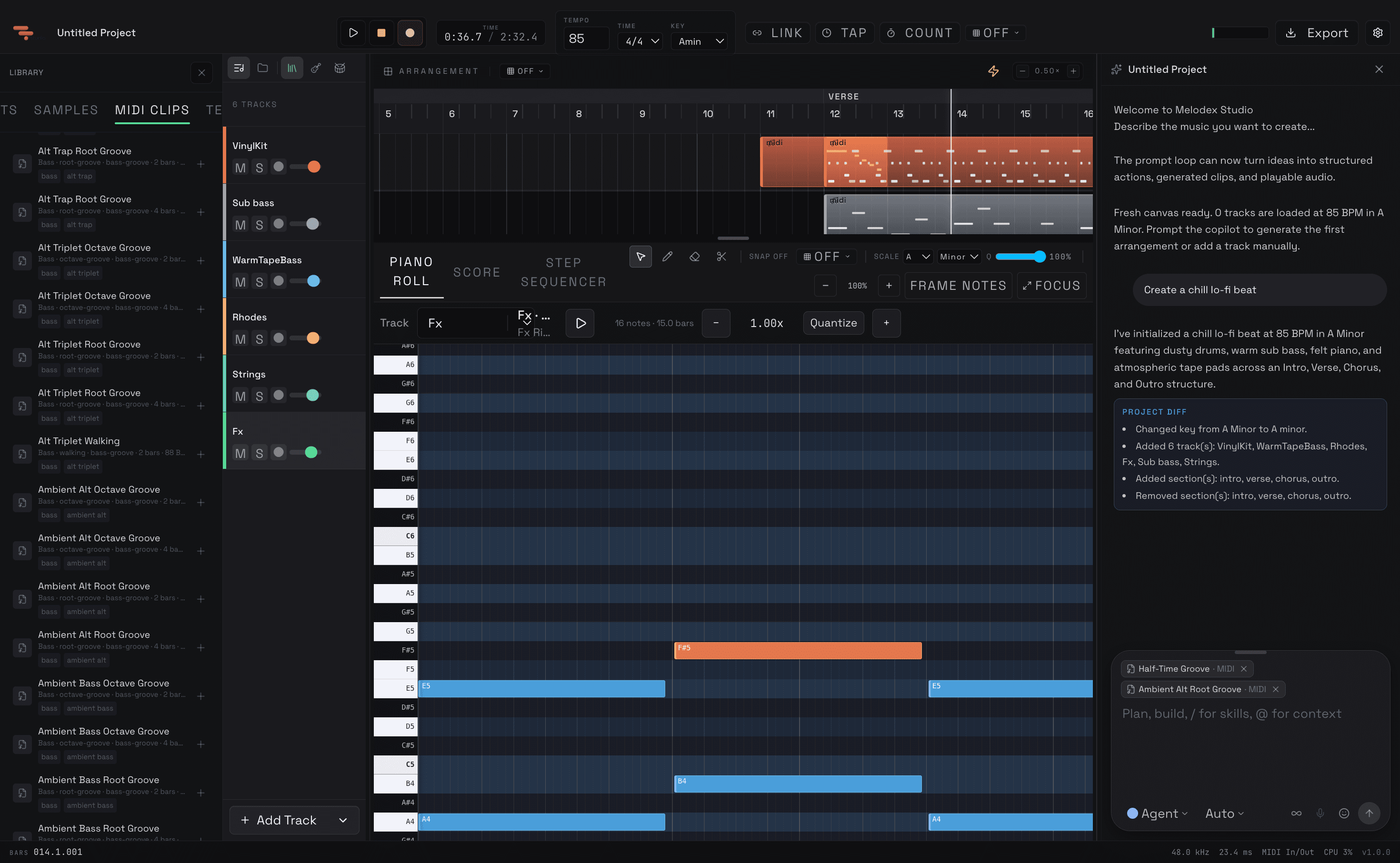 Piano roll editing in Melodex